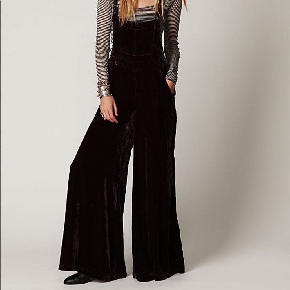 Free People Black Velvet Wide-Leg Overalls Jumpsuit